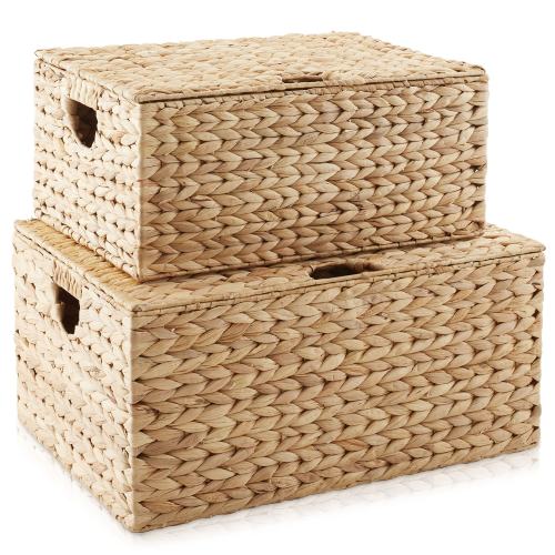 Water Hyacinth Rectangular Storage Baskets with Lids Nesting Basket