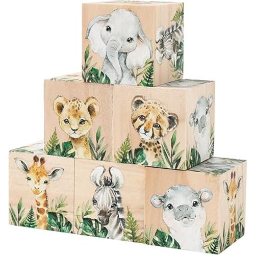 6 Pcs Jungle Animal Nursery Decoration 1.6 Inch Watercolor Safari Wooden Box Blocks Cartoon Woodland Party Shelf Decor for Kindergarten Birthday Baby Shower