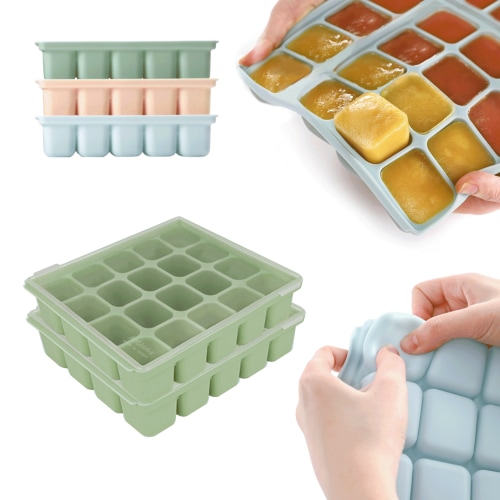 Petinube Flexible Silicone Freezer Tray 20 Cubes, 16.91 fl. oz / 0.84 fl. oz - BPA-Free, Stackable Ice Tray with Clip-on Lid, Multifunctional Ice Cube Molds, Celadon Green Set