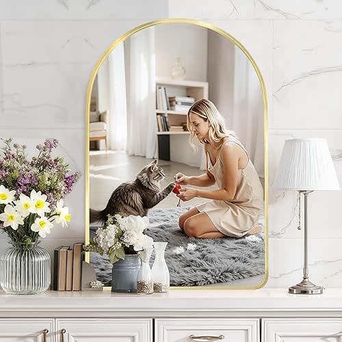 24"x36" Wall Mirror for Bathroom Vanity, Modern Frosted Metal Framed Arch Mirror, Wall Mounted for Bedroom, Living Room, Entryway (Gold)