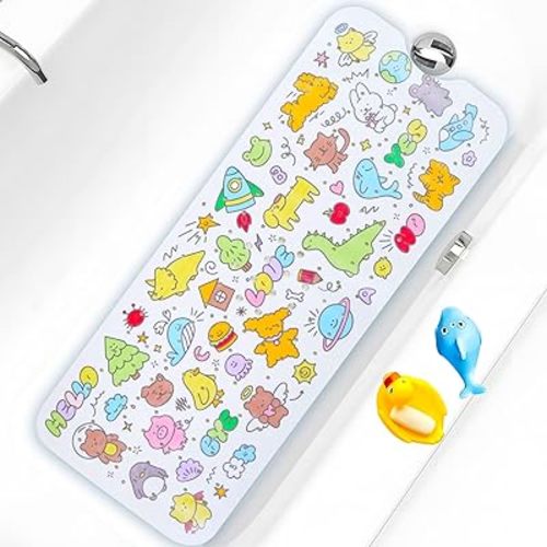 Baby Bath Mat for Tub Non Slip Kids Bathtub Mat Extra Long 40X16 Inch Toddler Bath Tub Shower Mat Anti Slip with Suction Cups & Drain Holes, Machine Washable (Cartoon)