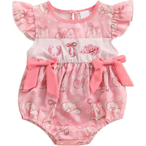 Western Baby Girl Outfit Cowgirl Smocked Bubble Romper Flutter Sleeve Bodysuit Cute Bow Onesie Newborn Summer Clothes
