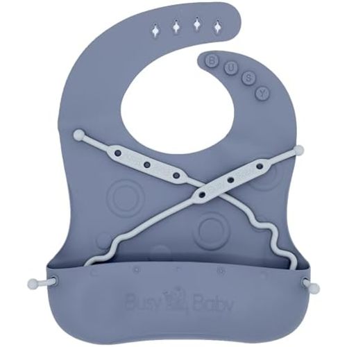 BUSY BABY Bungee Bib – Adjustable Silicone Bib with Pocket & Tether System for Mess-Free Meals with Babies & Toddlers