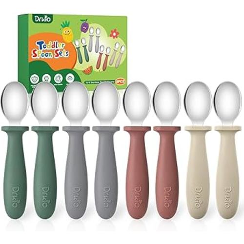 DRKIO 8 PCS Toddler Spoons Set - Baby Spoons with Silicone Handle Children safe 18/8 Stainless Steel Toddler Utensils Set for Self Feeding Kids Silverware Anti-Choke Design Food Grade Dishwasher Safe