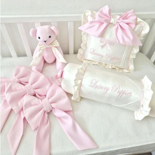 Baby Bedding Set: Square Pillow, Roller Pillow, 3 Bows, Memory Bear