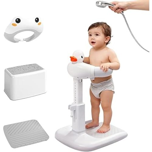 Adjustable Baby Shower Stand Support - Safety & Non-Slip Baby Bath Stand, Toddler Shower Stand for Infants 6-36 Months, Standing Bathtub Max 55 Lbs Capacity, Includes Shower Cap and Stool(Grey)