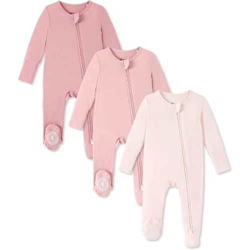 PATPAT 3 Pack Bamboo Viscose Baby Footed Pajamas with Anti-Grips, NB-2T