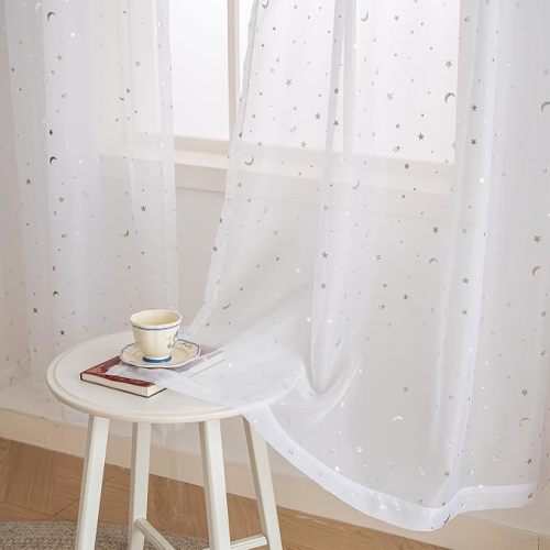 White Sheer Curtains 84 Inches Long, Silver Sparkle Metallic Window Curtain Panels, Moonlight Sky Light Filtering Voile Curtains for Bedroom Living Room, 42 x 84 Inch, Pack of 2