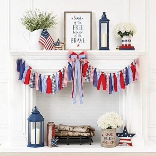 Sincere Party 4th of July Patriotic Indoor Outdoor Giant Bow Garland Decorations Fabric and Ribbons Large Hanging Bow with Matched Garland