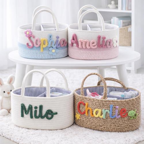 Personalized Cotton Rope Basket, Nursery Storage Basket, Nursery Diaper Caddy, Diaper Organizer Basket, Baby Shower Gift Basket, Baby  Gift