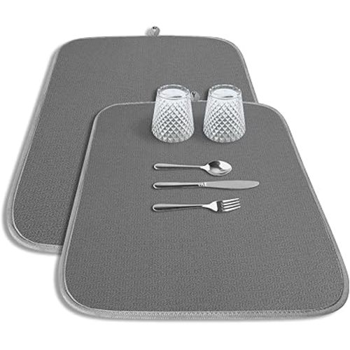 Kitsure Dish Drying Mat - 2-Pack Washable Microfiber Drying Mat for Kitchen Counter, 3-Layer Ultra Absorbent Pad with a Hanging Hook, 20" x 14", Dark Grey
