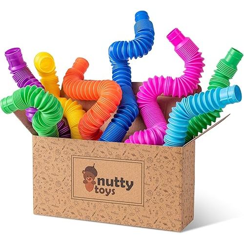 nutty toys 8 pk Pop Tubes Sensory Toys (Large) Fine Motor Skills Learning Toddler Toy for Kids Top ADHD Autism Fidget 2024 Best Preschool Boy Girl Gifts Idea Unique Christmas Toddler Stocking Stuffers
