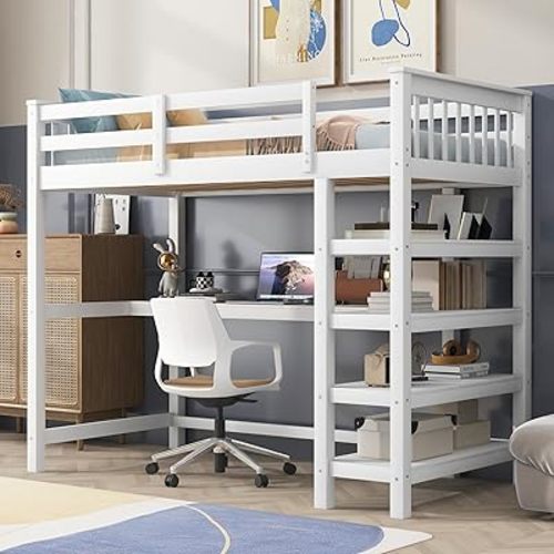 Merax Wood Loft Bed with Desk : Twin Size Loft Bed with 4-Storage Shelves and Under-Bed Desk Solid Wood Bed, White