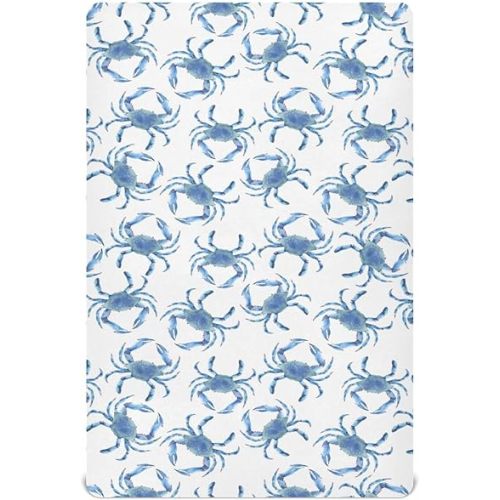 Blue Crabs Crib Sheets Nautical Ocean Beach Coastal Print Mattress Cover Funny Sea Crab Unisex Toddler Baby Bed Sheets Fitted Standard Crib Sheets for Boys Girl 28x52 Inch
