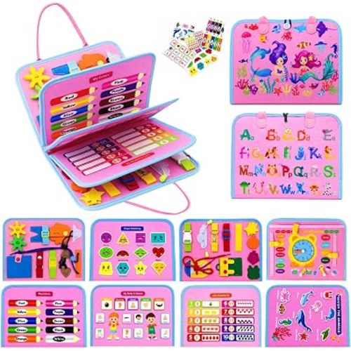 Montessori Busy Board for Toddlers, 8 Pages 30+ Activities Sensory Toy, Toddler Learning Toys, Fine Motor Skills Travel Toy, Preschool Educational Quiet Book Gift for Boys Girls, Pink Mermaid