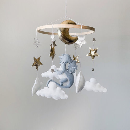 Dragon Baby Mobile: Felt Moon, Stars, Clouds - Space Nursery Decor