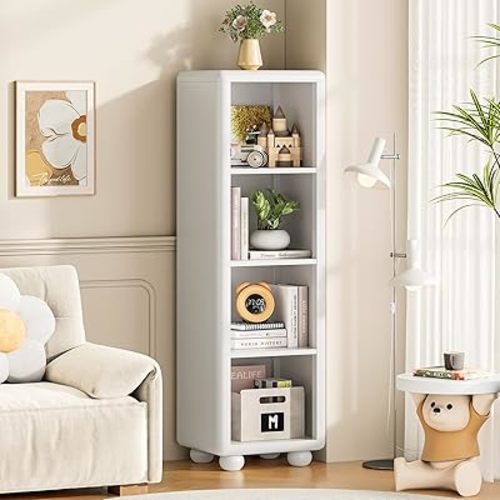 ONBRILL 4-Cube Storage Bookcase, Rounded Corners & Anti-Tip Kids Bookshelf and Toy Storage with Bun Feet, Wooden Display Shelf for Playroom, Bedroom, Nursery, Classroom (White)