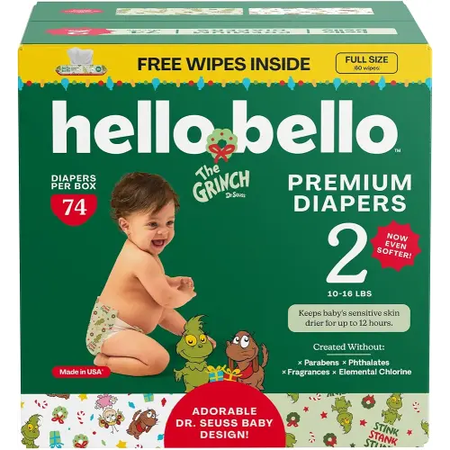 Hello Bello Dr. Seuss Baby Grinch Premium Diapers, Size 2 (10-16 lbs), 74ct Plus Bonus Wipes: Softness & Protection for Sensitive Skin