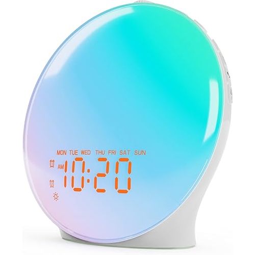 Wake Up Light Sunrise Alarm Clock for Bedroom, 17 Nightlights, Sound Machine with 5W Bluetooth Speaker, 25 Soothing Sounds, SleepTimer, Dual Alarms, FM Radio, Ideal Gift for Baby, Kids, Adults, Senior
