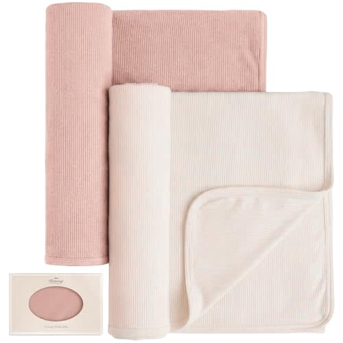 Konssy Knit Baby Blanket 2 Pack, Soft Ribbed Swaddle Receiving Blankets for Boys & Girls, Lightweight Cozy Swaddling Wrap for Newborns, Infants, & Toddlers, 33x42 Inch (Pink,Beige)
