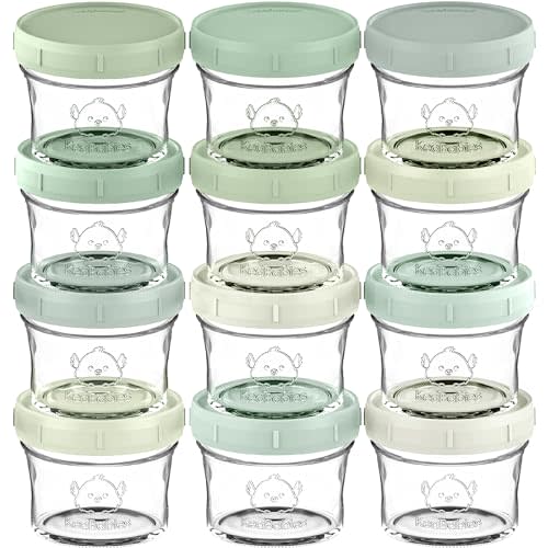 KeaBabies 12pk 4oz Glass Baby Food Containers with Lids - Leak-Proof, Microwavable Small Glass Jars, Baby Purees & Toddler Snack Storage Containers, BPA-Free, Dishwasher & Freezer Safe (Sage)