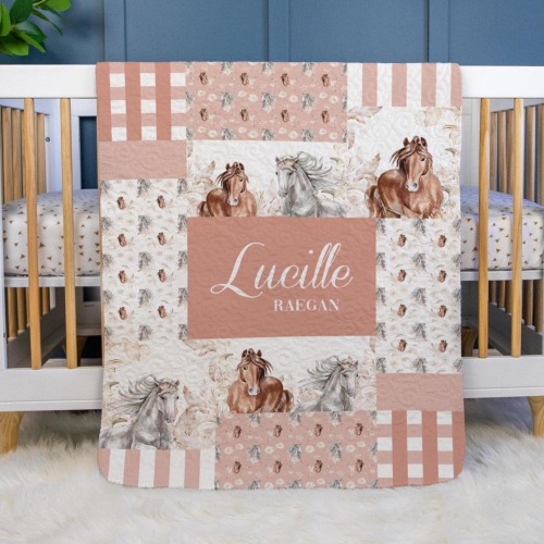 Boho Wild Horses Baby Quilt, Personalized Baby Horse Ranch Quilt, Optional Bundle with Sign, Horse Quilted Blanket, Wild Horses Nursery, G42