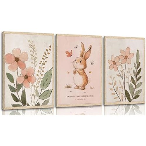 3Pcs Nursery Bunny Wall Art Christian Scripture Canvas Painting Cute Pink Bunny Botanical Flowers Wall Decor Nursery Posters for Girls and Boys Kids Room, Baby Room Decor Unframed