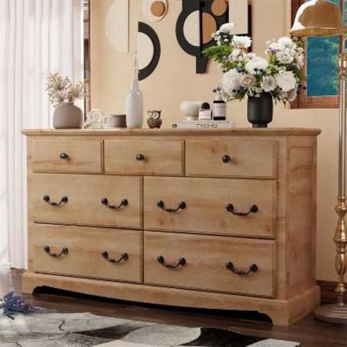 Vintage 7 Drawers Dresser, 54" Wide Wood Rustic Chset of Drawers for Bedroom, Living Room,Hallway, Beige