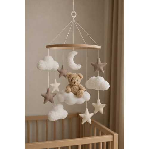 Teddy bear on moon Boucle cloud nursery baby mobile, Neutral nursery mobile, Stars baby crib mobile, Clouds mobile,Minimalist nursery mobile
