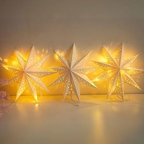 Paper Star Lantern 3PCS Christmas Paper Stars Lantern 13.78 inch 9 Points Paper Star Lantern Hanging 3D Christmas Paper Star Hanging Star Foldable for Wedding Xmas White decoración navideña