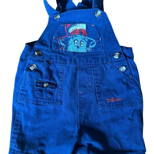 Blue Dr. Seuss overalls with graphic of a blue cat...