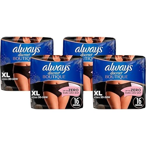 Always Discreet Boutique Incontinence and Postpartum Underwear for Women, Maximum Protection, XL, Black, 16 Count (Pack of 4)