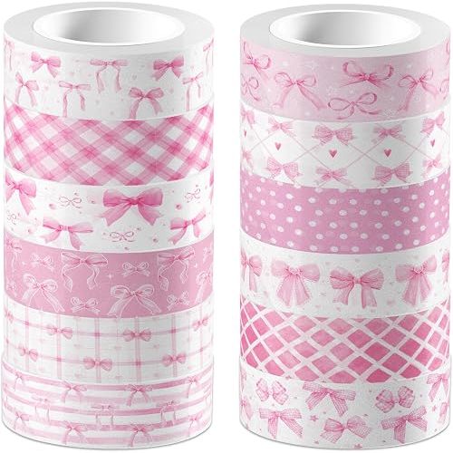 12 Pcs Pink Bow Washi Tape Pink Bow Masking Tape Decorations Decorative Paper Sticker for Pinks Birthdays Party DIY Craft Gift Wrapping Handbook Stickers