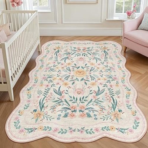 Dadasgk Pink Floral Rug 4X6 for Girls Bedroom or Nursery, Scalloped Cottagecore Washable Non-Slip Area Rug, Cute Soft Boho Carpet for Kids Room, Dorm, or Playroom