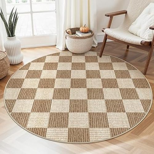 LIVEBOX Checkered Round Rug 4 Ft Washable Area Rug for Playroom Classroom, Kids Non-Slip Neutral Classic Circle Rug Geometric Carpet Soft Boys Nursery Rug for Dorm Bedroom(Brown,120R)