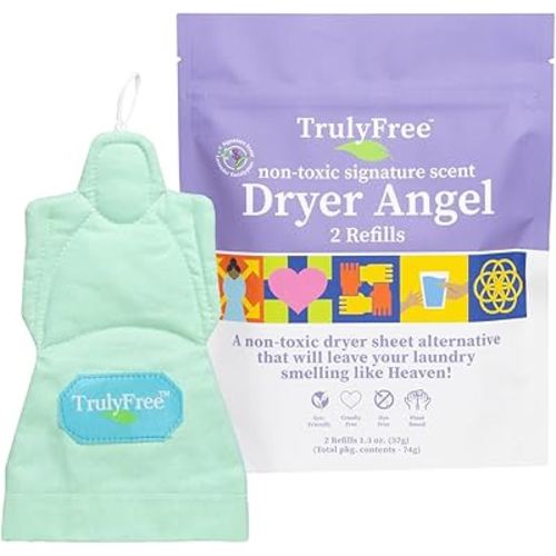 Truly Free Dryer Angel - Natural Dryer Sheet Alt, Non-Toxic Reusable Fabric Softener Booster Sheets, Safe for Babies and Sensitive Skin, Laundry Room Essentials - Signature Scent - 1 Packs + 1 Refill