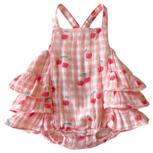 Muslin Ruffle Sunsuit - Gingham Cherries | Baby Dill