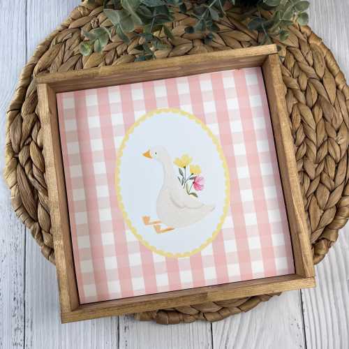Farmhouse Goose Wood Sign – Pink Gingham Nursery Decor – Spring Baby Girl Room Art – Cottagecore Animal Sign – Handmade Rustic Sign