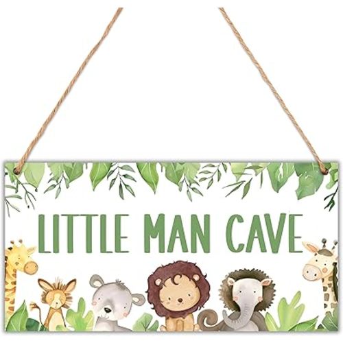 Little Man Cave Sign, Woodland Boys Room Wall Hanging Decor, Wild Safari Nursery Decorations for Toddler Boy, Playroom Classroom Decor - 6"x12" - B02