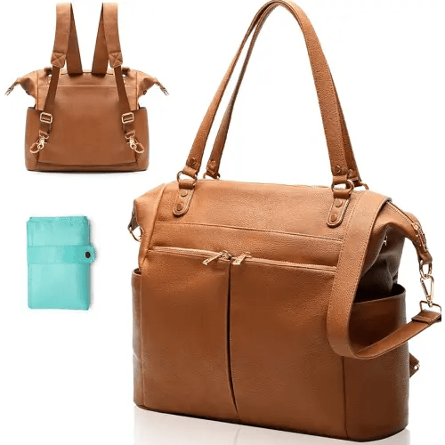 MOMINSIDE Diaper Bag Tote, 4 in 1 Leather Diaper Bag Backpack with 14 Pockets, Convertible Baby Bag for Boys Girls, Baby Registry, Changing Pad, 4 Large Insulated Pockets(Brown)
