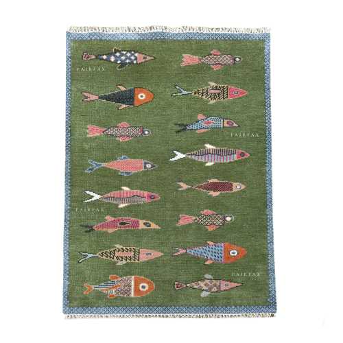 Green Koi Fish Rug • Hand-Knotted Wool Carpet •  Kids Room Area Rug