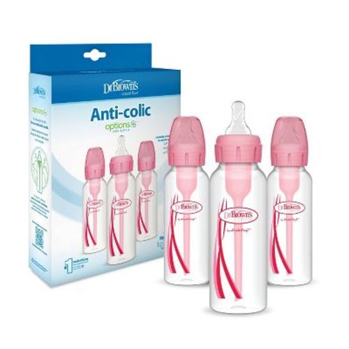 Dr. Brown's 8oz Anti-Colic Options+ Narrow Baby Bottle with Level 1 Slow Flow Nipple - 3pk - 0m+ - Pink: BPA-Free, Silicone Nipple
