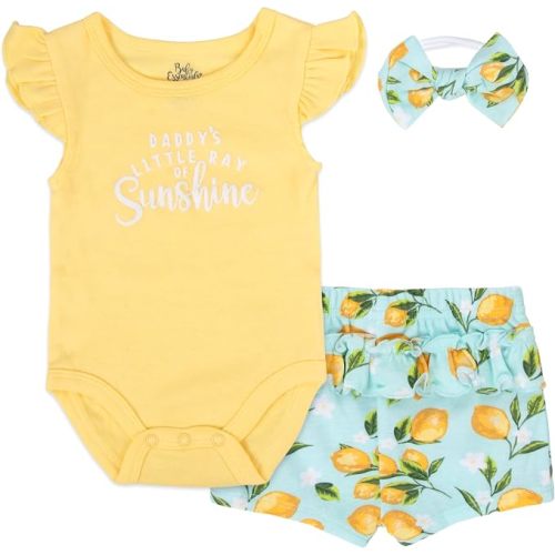 Baby Infant Girl 3 Piece Outfit Short Set with Ruffle Sleeve Bodysuit, Shorts & Headband – Spring & Summer Gift Collection
