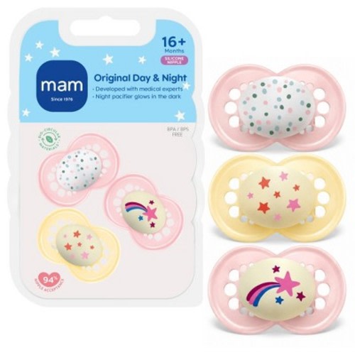 MAM 3pk Day & Night Pacifier 16+ Months - Girl: Silicone, BPA-Free, Phthalate-Free