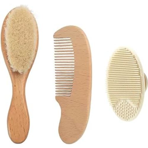 PandaEar 3 Pack Baby Brush and Comb Set Newborn, Silicone Cradle Cap Brush for Babies, Soft Newborn Hair Brush with Soft Goat Bristles, Wooden Toddler Comb Hairbrush Set for Boys and Girls