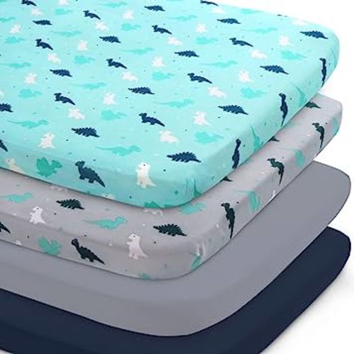 Mini Crib Sheets Set, 4 Pack - Portable Sheets (38" X 24") | Multiuse for Pack n Play, Playard, Playpen, Crib - Dinosaurs