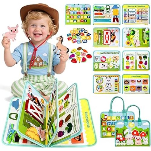 Busy Book for Toddlers - Farm Montessori Toys Busy Board for Boy Girl Gifts Educational Learning Activity Book Toddler Airplane Travel Toy Birthday Gift