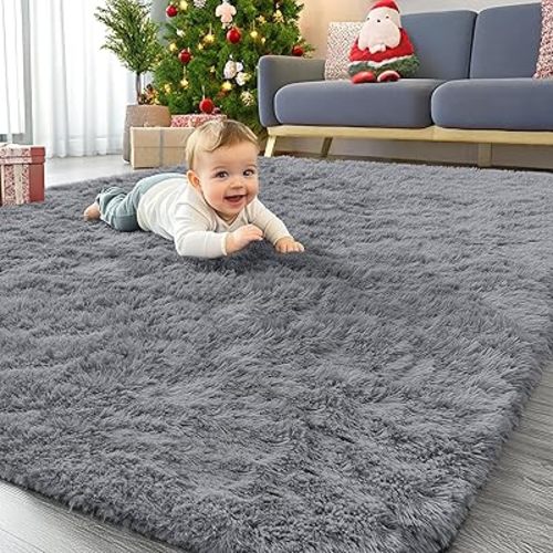 OLANLY Area Rugs for Living Room Bedroom, Machine Washable 4x5.9 ft Soft Fluffy Shaggy Bedside Rug, Indoor Floor Carpet for Kids Girls and Boys, Dorms, Nursery Rooms, Home Decor Aesthetic, Light Grey