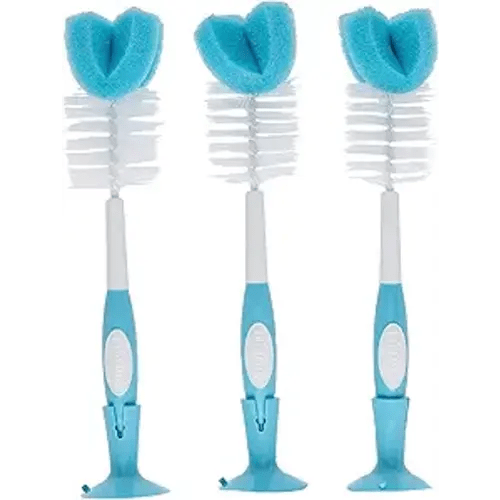 Dr. Brown's Reusable Sponge Baby Bottle Cleaning Brush Set with Suction Cup Stand, Scrubber and Nipple Cleaner, Blue 3-Pack