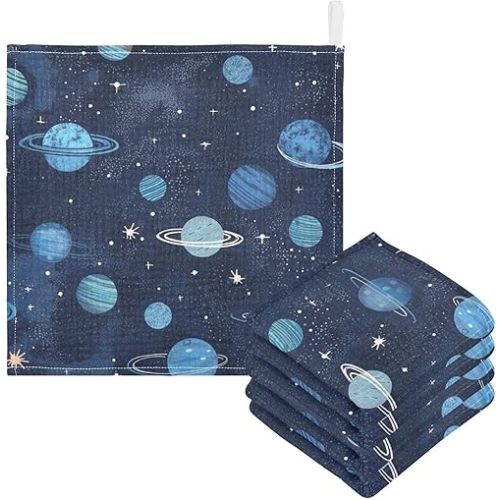 Blue Space Theme Baby Washcloth, Soft & Absorbent Muslin Baby Washcloths Newborn Face Towel 5 Pack, 11.8x11.8 Inch 4 Layer Cotton Infant Washcloth Set